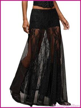 Women Lace Sheer Maxi Skirt See Through Low Waist Floral Polka Dots A-Line